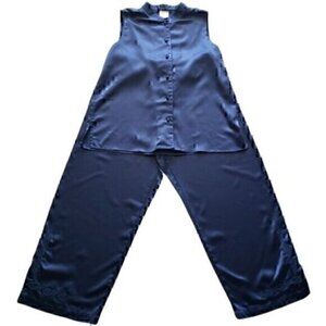 Cabernet Pajama Top Bottom Set Sleeveless Embroidered Blue M